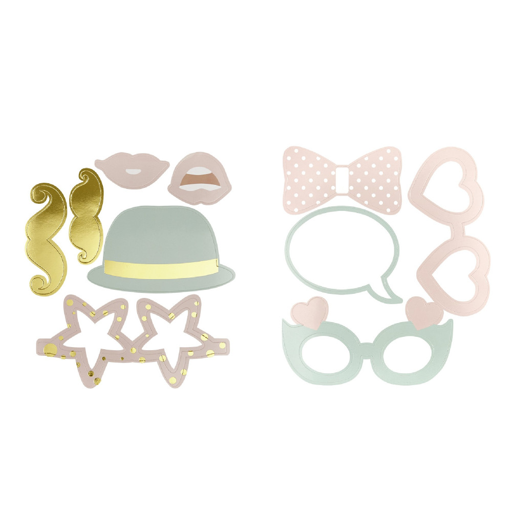 10-piece pink, green, and gold photo booth kit