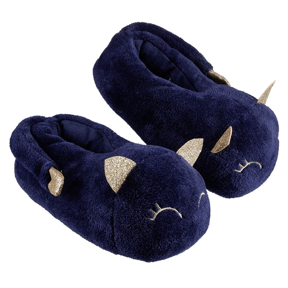 Adult slippers with blue and gold cat design