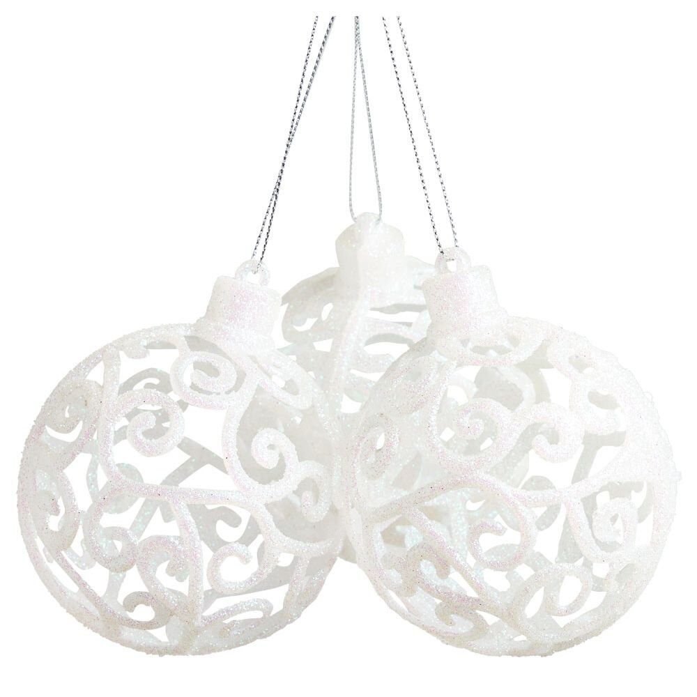 White baroque Christmas ball Ø8cm x3