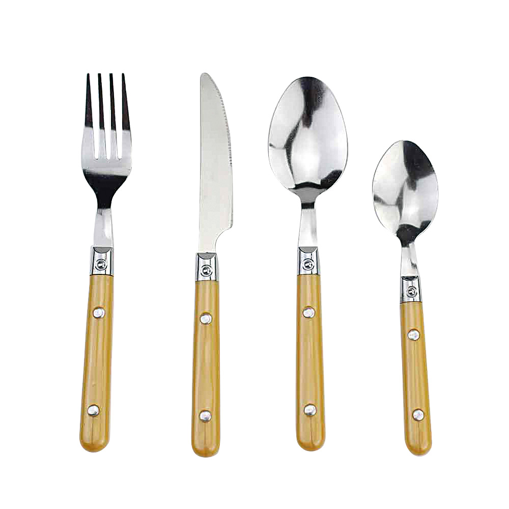 16-piece stainless steel cutlery set with golden yellow plastic handle