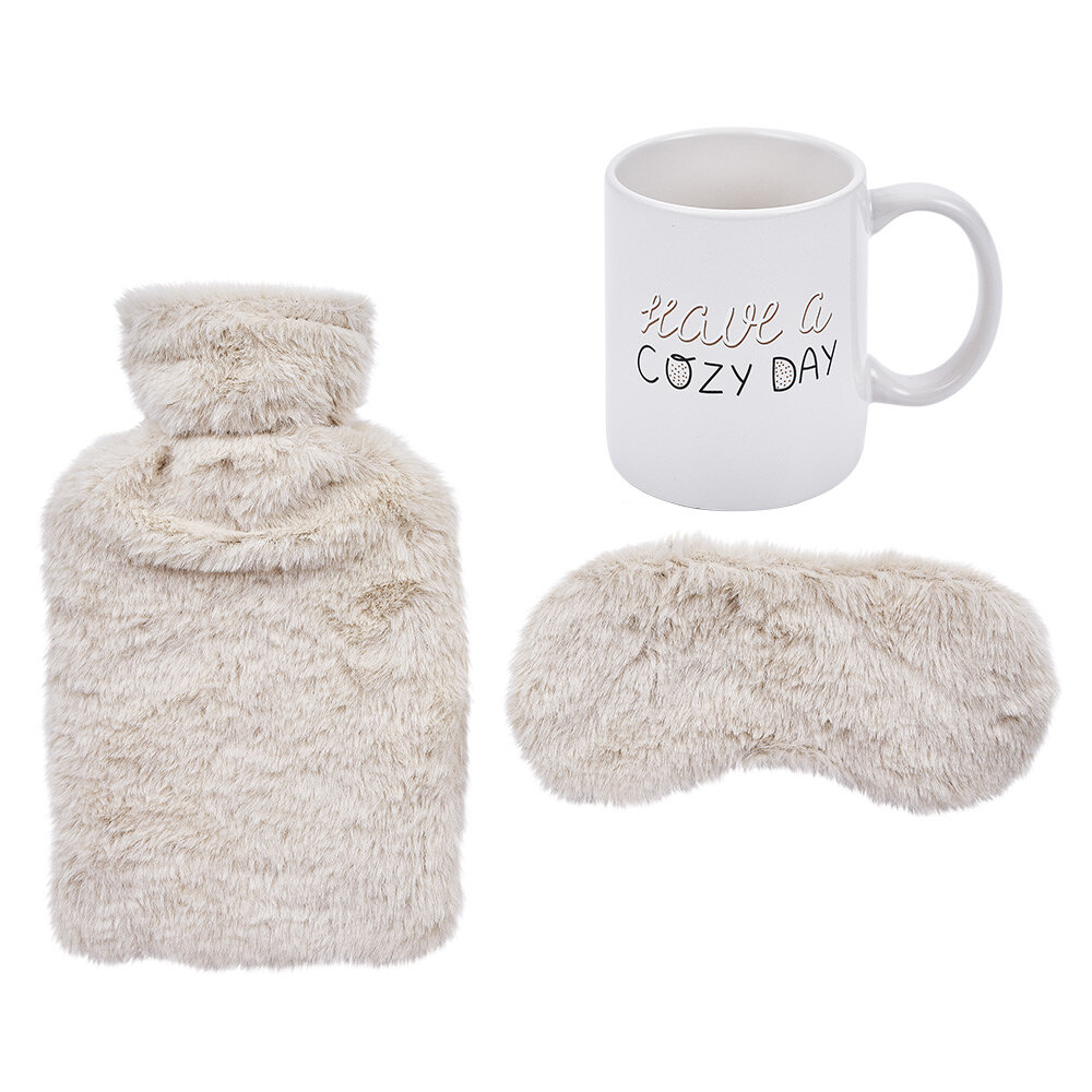 3-piece cocooning set, hot water bottle, eye mask and pink mug
