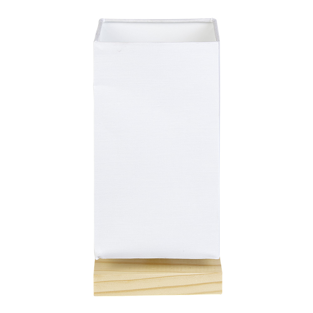 Bedside lamp with white shade on a square natural pine base