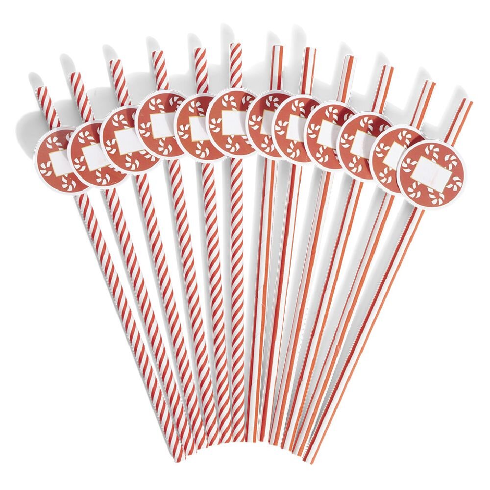 Customizable straw label red and white barley sugar x12