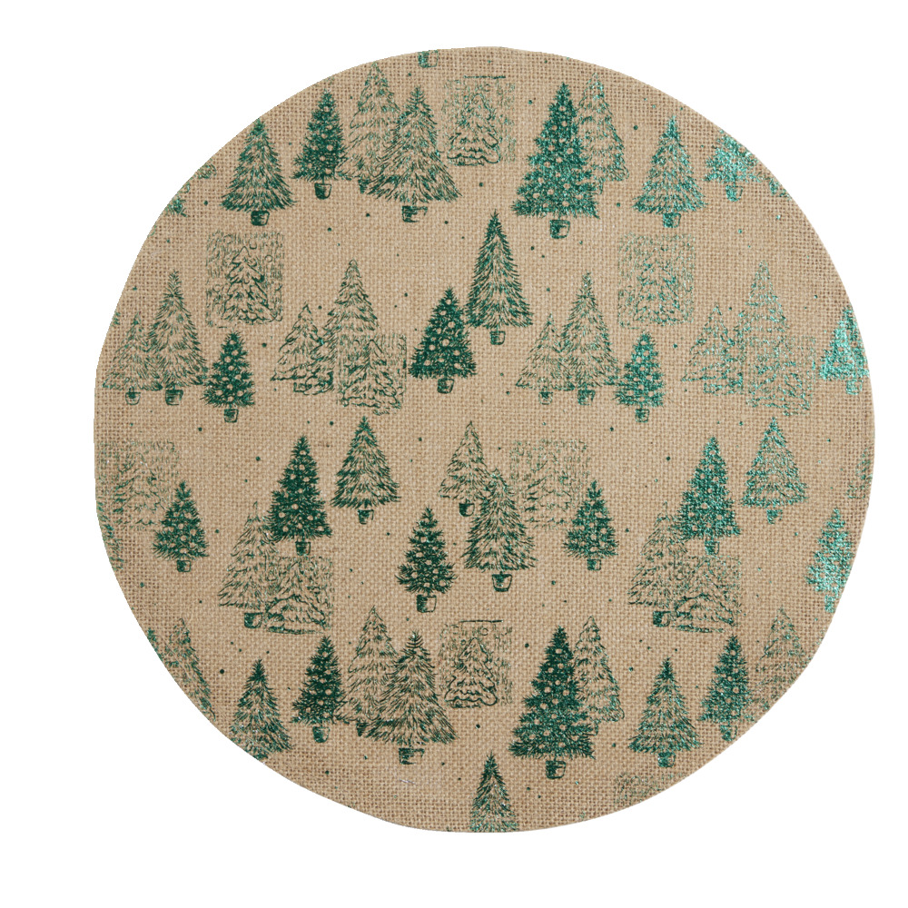 Round placemat in natural jute with green fir tree patterns Ø38cm