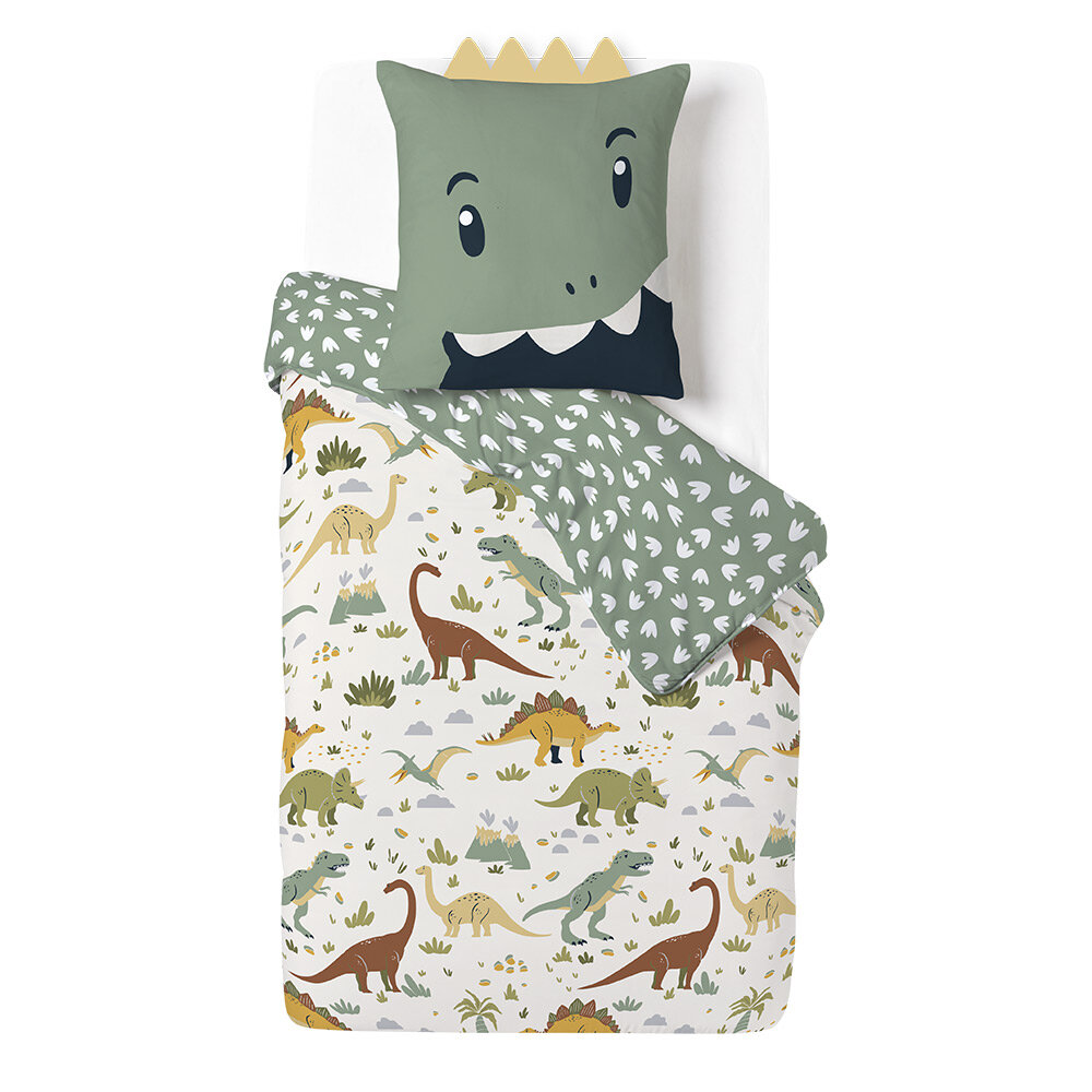 Children's single bed set 140x200cm reversible green dinosaur pattern