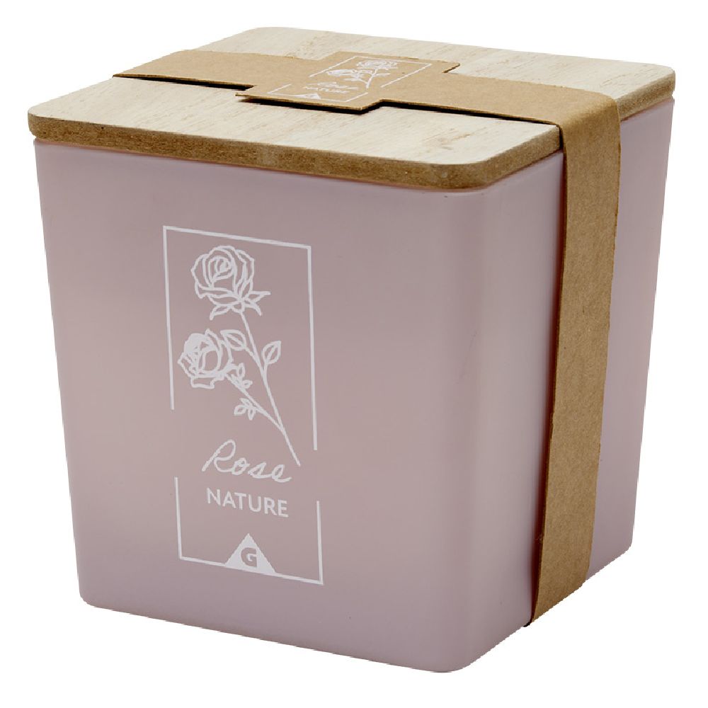 Candle in a square jar with a wooden lid, rose scent