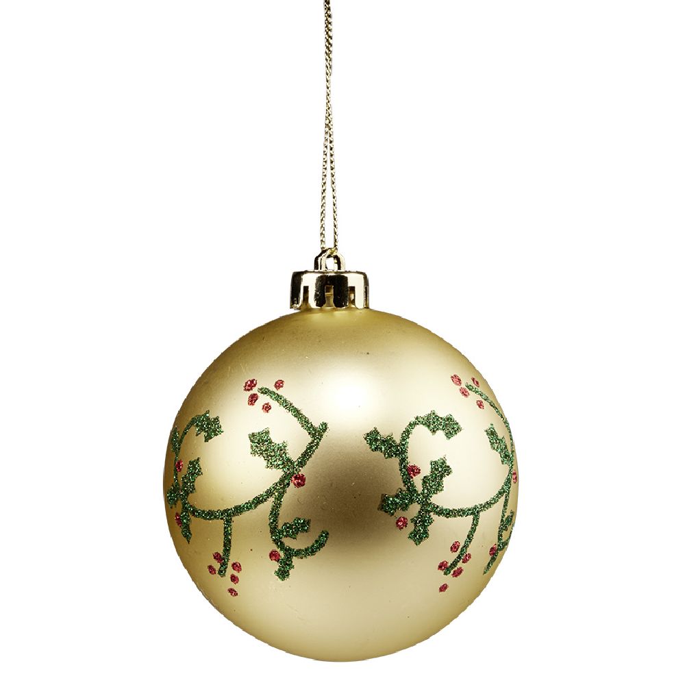 Golden Christmas ball with green and red glitter holly pattern Ø8cm