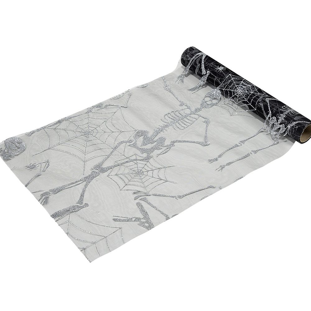 Halloween table runner with spider web or skeleton design, 3m