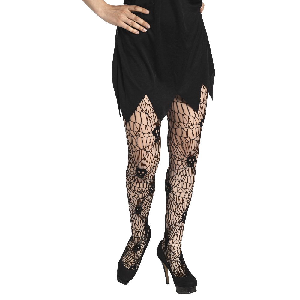 Adult Halloween fishnet tights with spider and skull