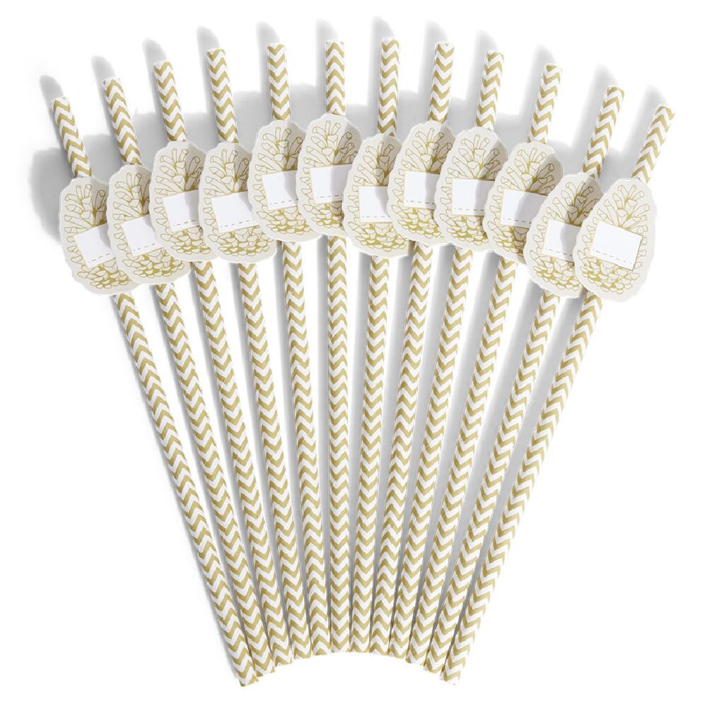 Customizable straw label pine cone white and camel x12