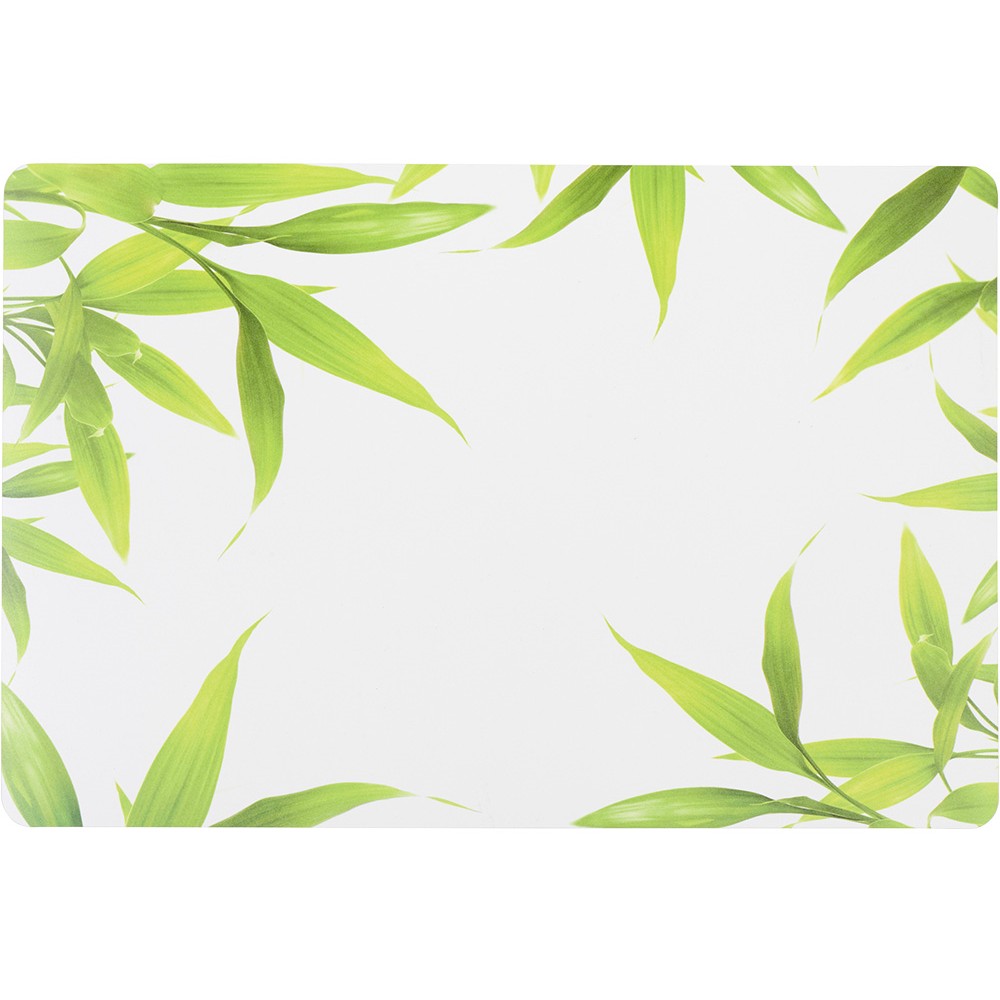 Rectangular white plastic placemat with green leaf decor