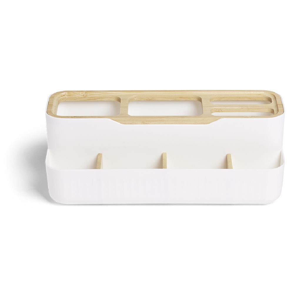 Bamboo and white plastic bathroom storage