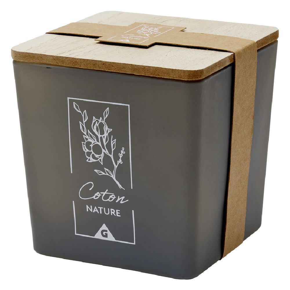 Candle in a square jar with a wooden lid, cotton scent