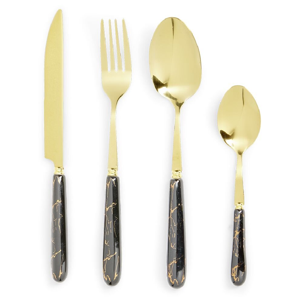 16-piece gold stainless steel cutlery set with marble effect handle