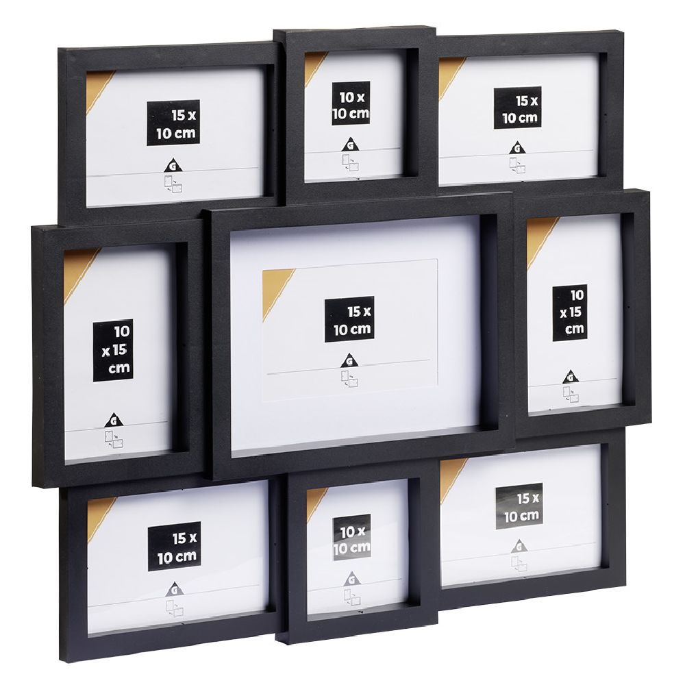 Black plastic collage 42x48cm 7 views 10x15cm and 2 views 10x10cm