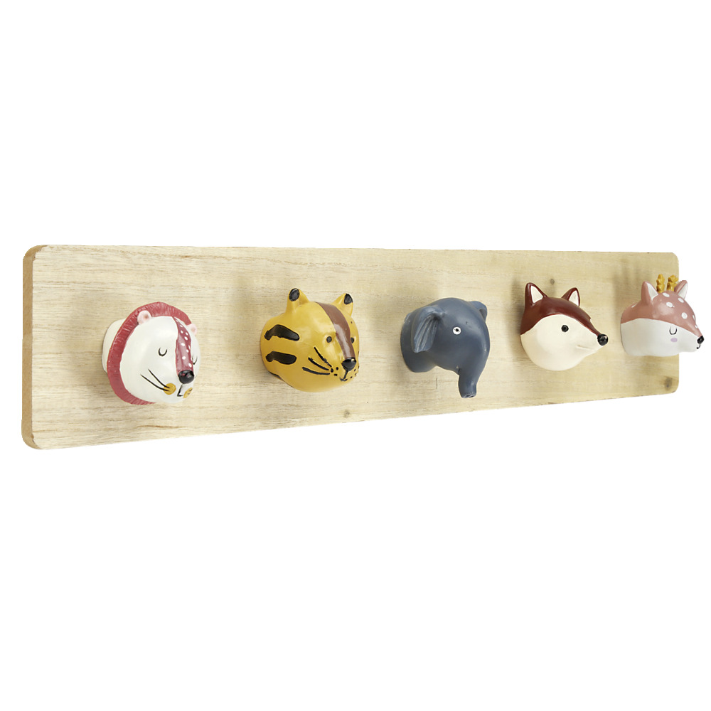 Children's wooden coat rack with 5 animal head hooks 55x7xH10cm