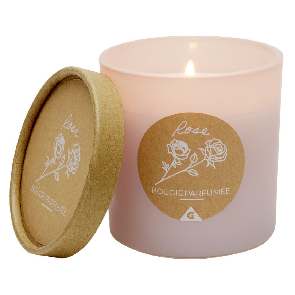 Candle in a round jar with a kraft lid, rose scent