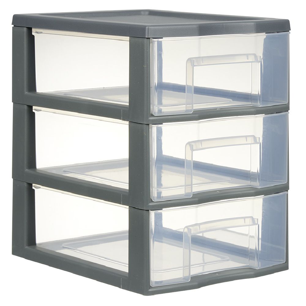 A5 storage tower with 3 gray and transparent drawers 6 L