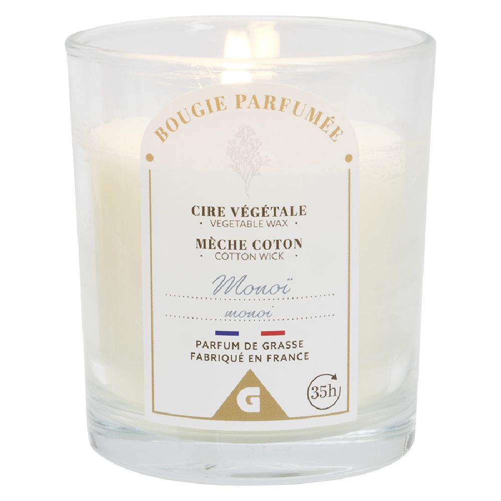 Blue candle in glass, monoi scent, Ø7xH8cm
