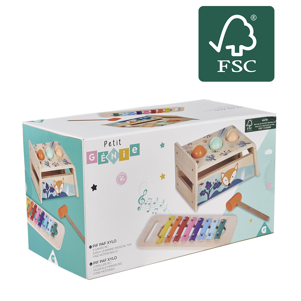 2-in-1 wooden xylophone with hammering game