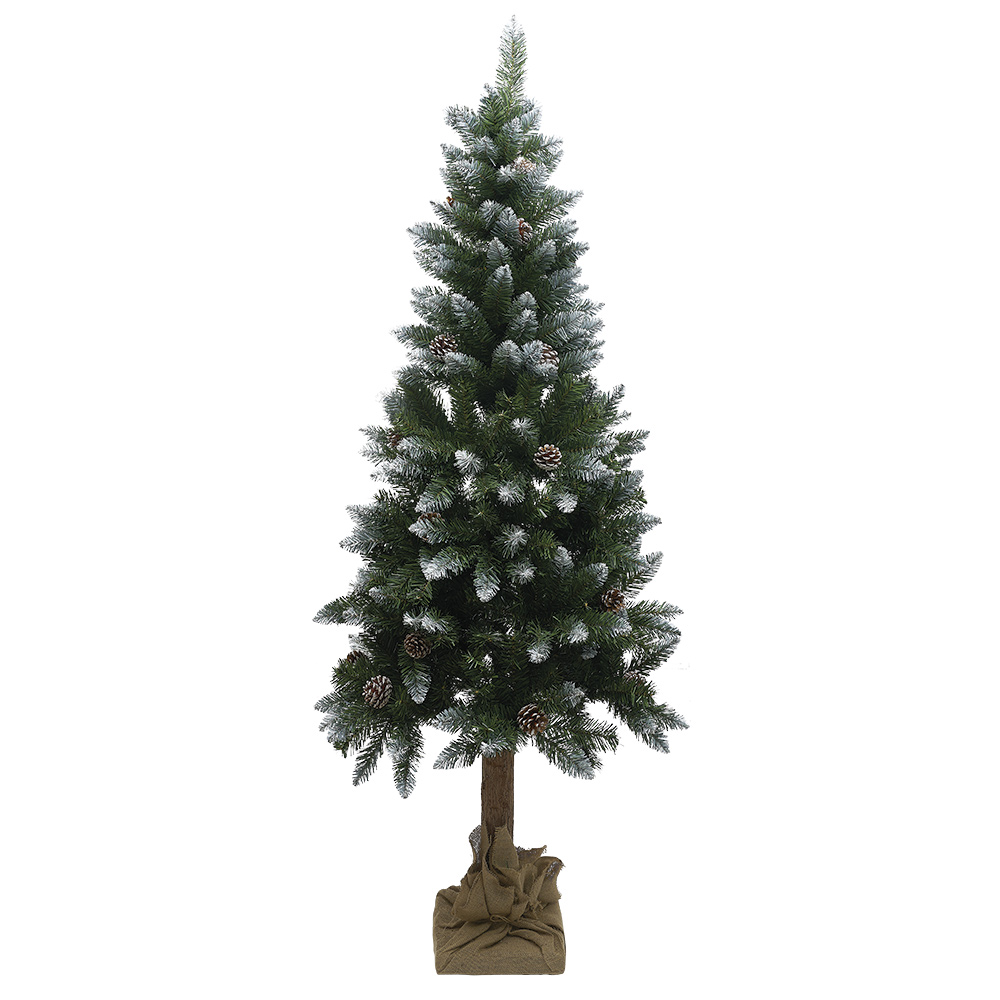 Artificial snow-covered tree with wood-effect trunk and jute bag Ø90xH180cm