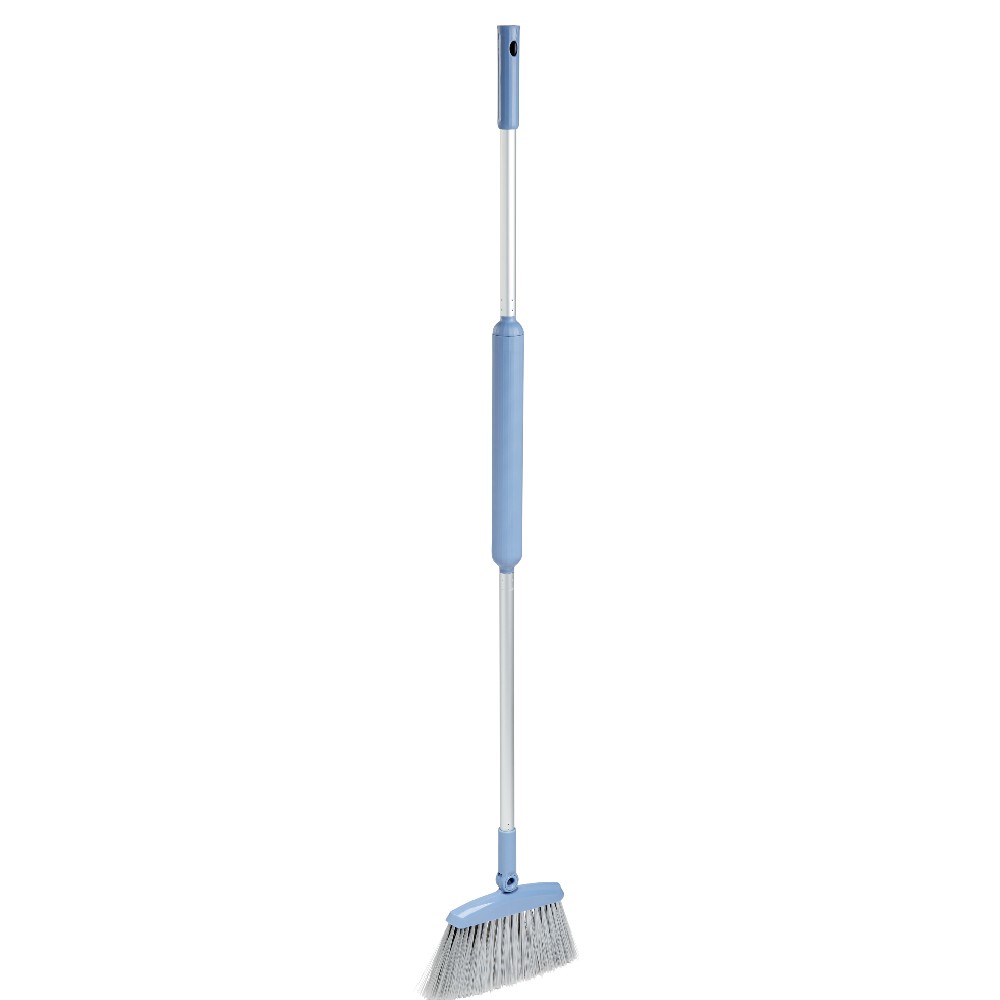Broom with integrated feather duster in gray and blue handle
