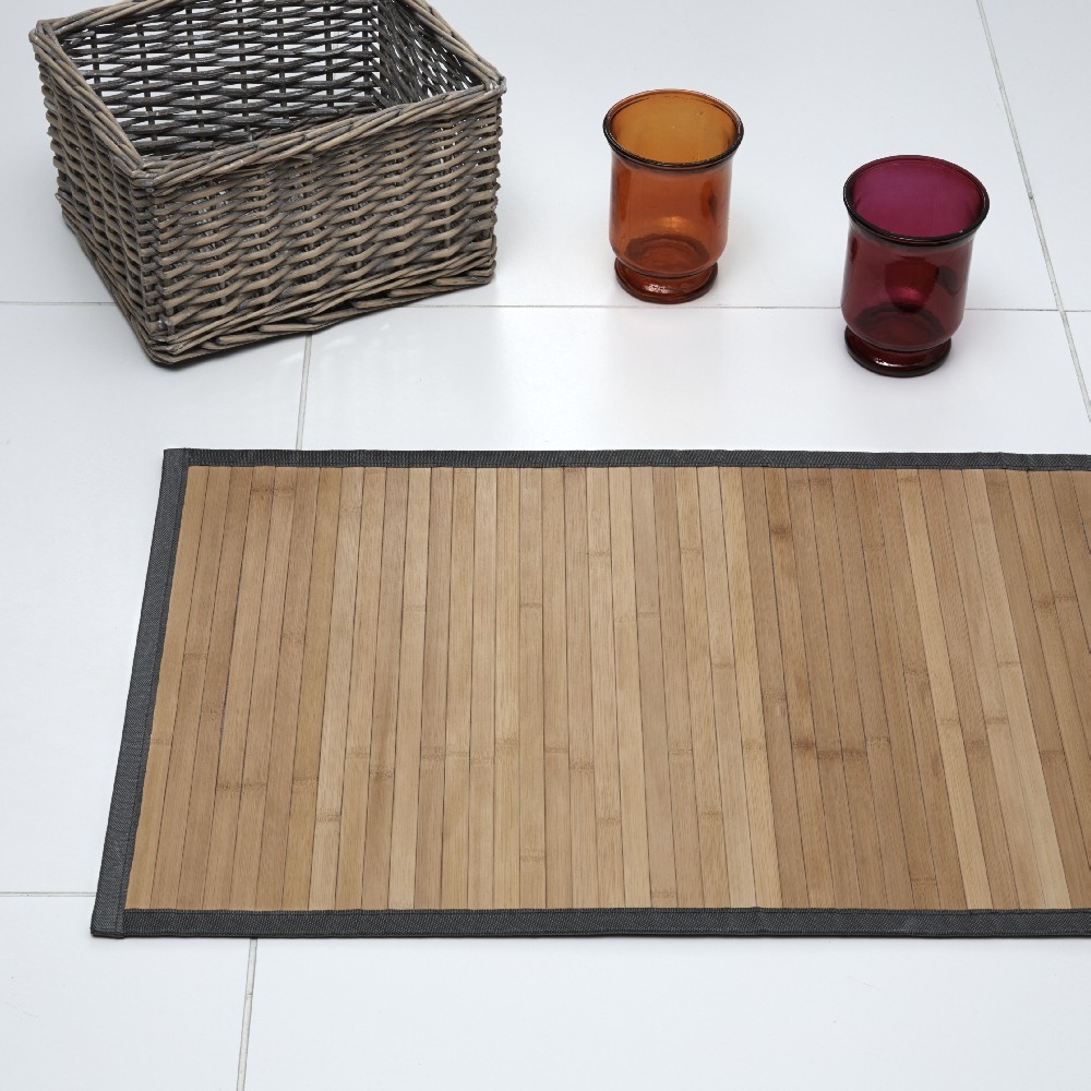 Brown bamboo bathroom mat with gray border