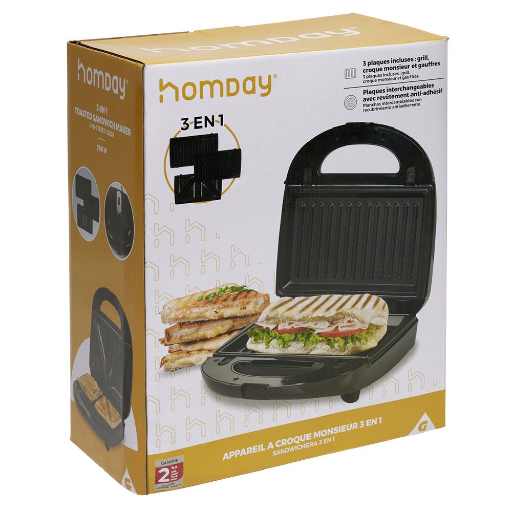 3-in-1 croque monsieur maker with waffle and grill 750W