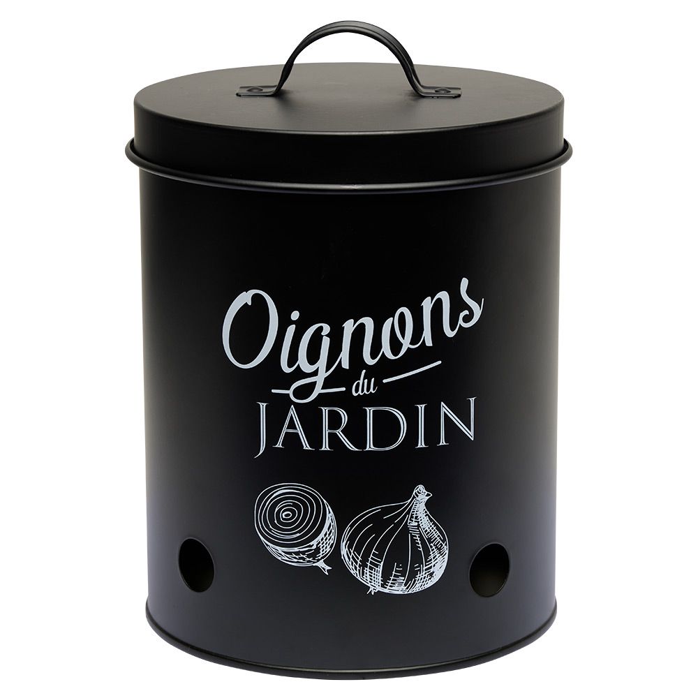 Black metal storage box for onions