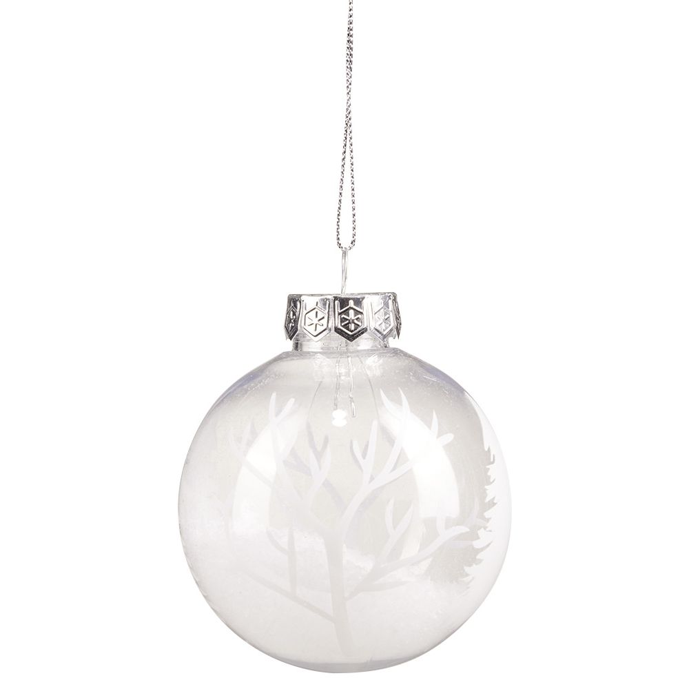 Transparent Christmas ball with white tree pattern and snow inside, Ø8 cm