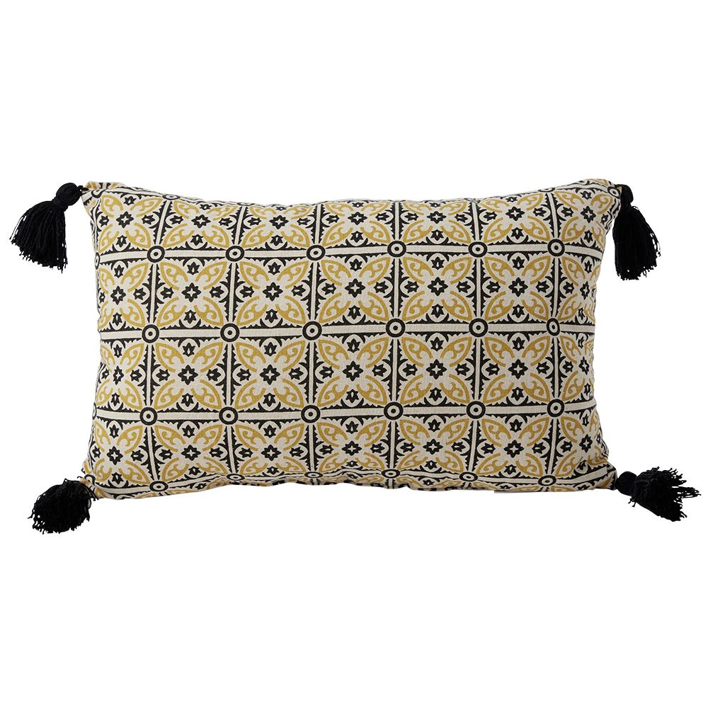 Decorative cushion 30x50cm beige and black pompoms