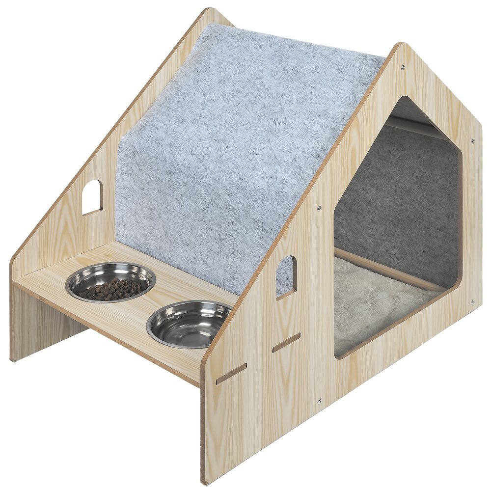 Cat house with 2 bowls and 1 scratching post