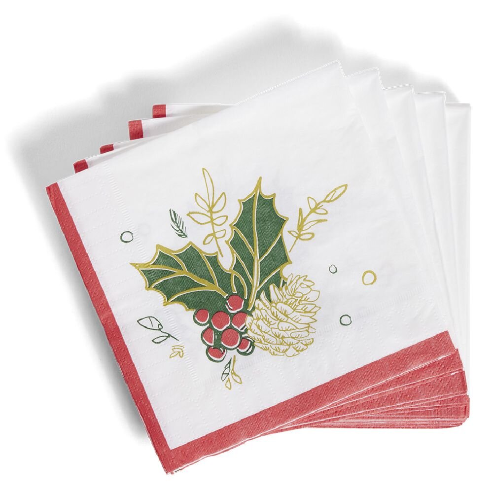 Christmas paper napkin with white and red holly pattern x20