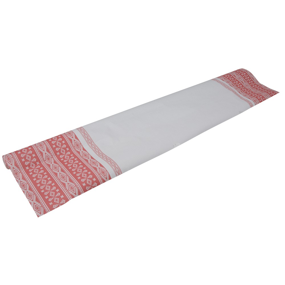 Embossed paper tablecloth with white and red Christmas pattern