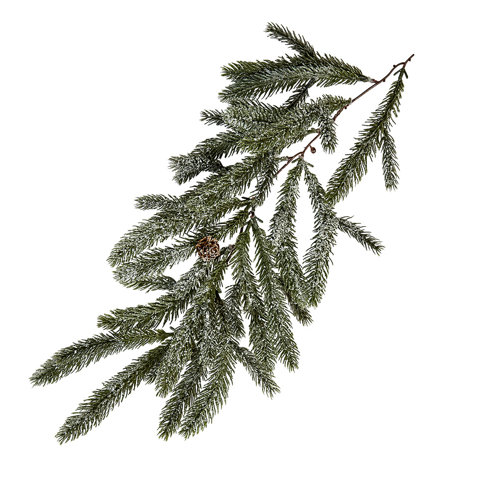 Christmas garland with a wooden branch effect, artificial pine cones and green fir trees