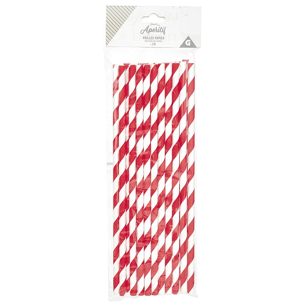 Disposable paper straws with white and red chevron pattern x20