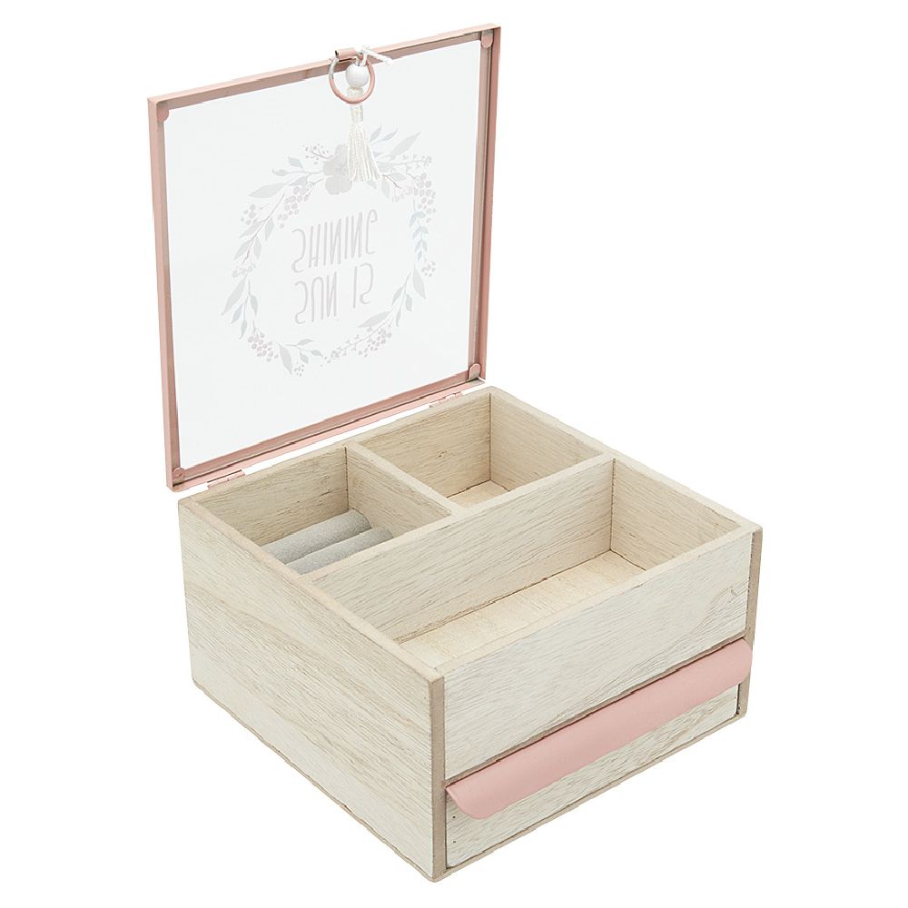 Jewelry box with 3 compartments and 1 drawer, natural and pink