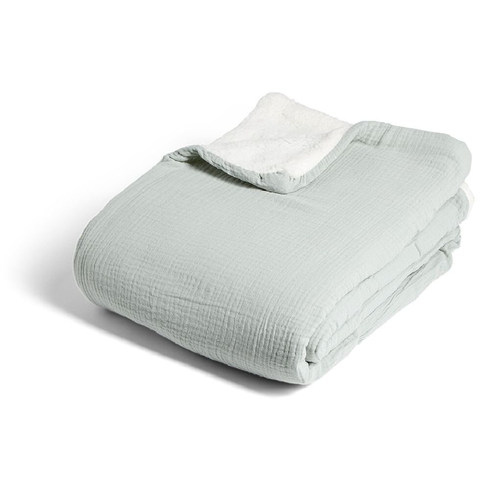 Cotton gauze and sherpa blanket 130x160cm green