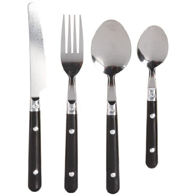 16-piece stainless steel cutlery set with black plastic handle
