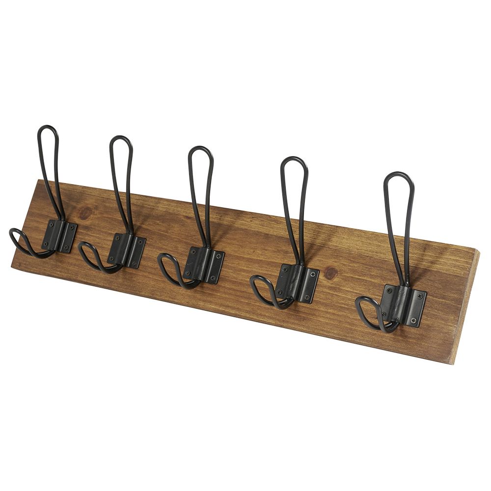 Bamboo coat rack with 5 black metal hooks, L48cm