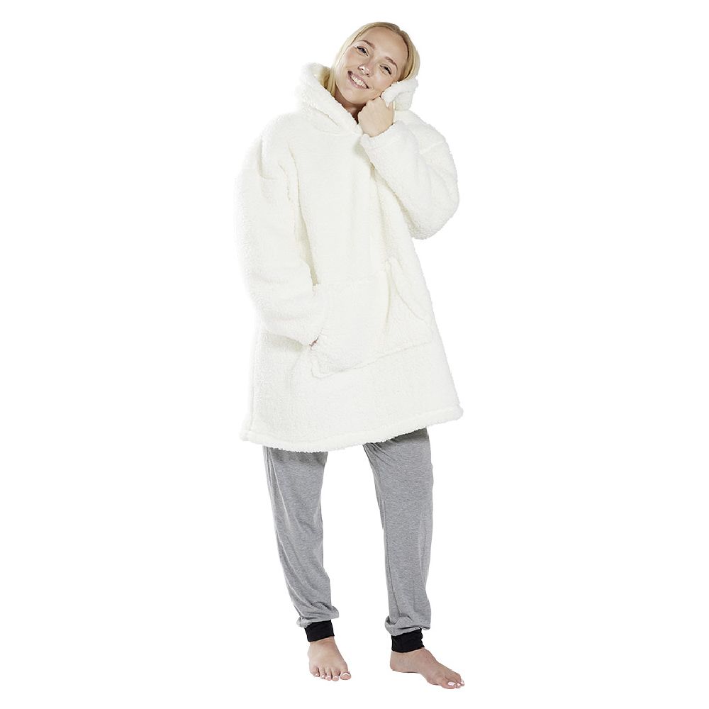 Adult fleece hooded plaid sweater - beige or white