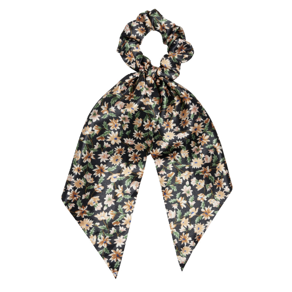 Black scarf scrunchie with brown floral pattern