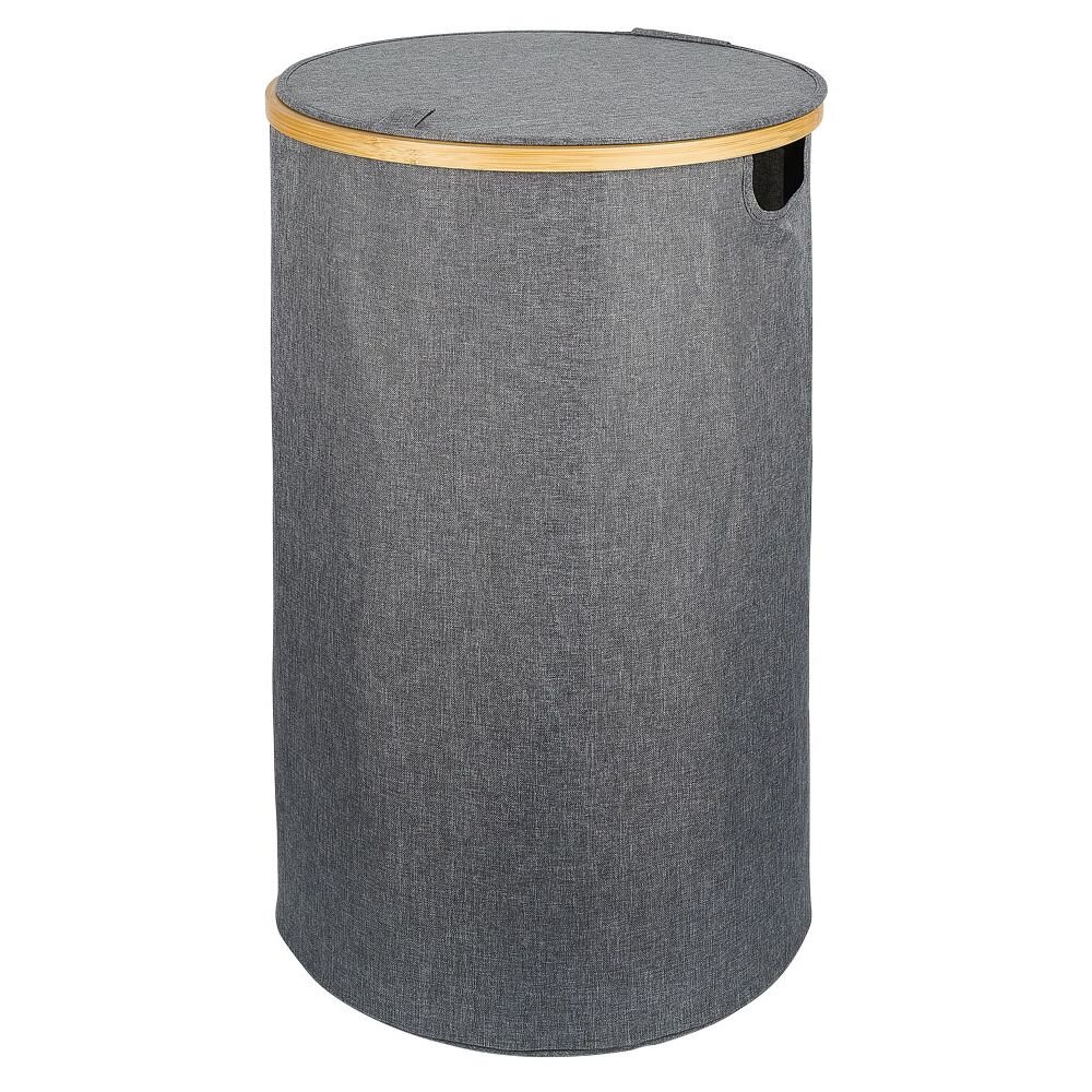 75L round laundry basket made of bamboo and grey polyester