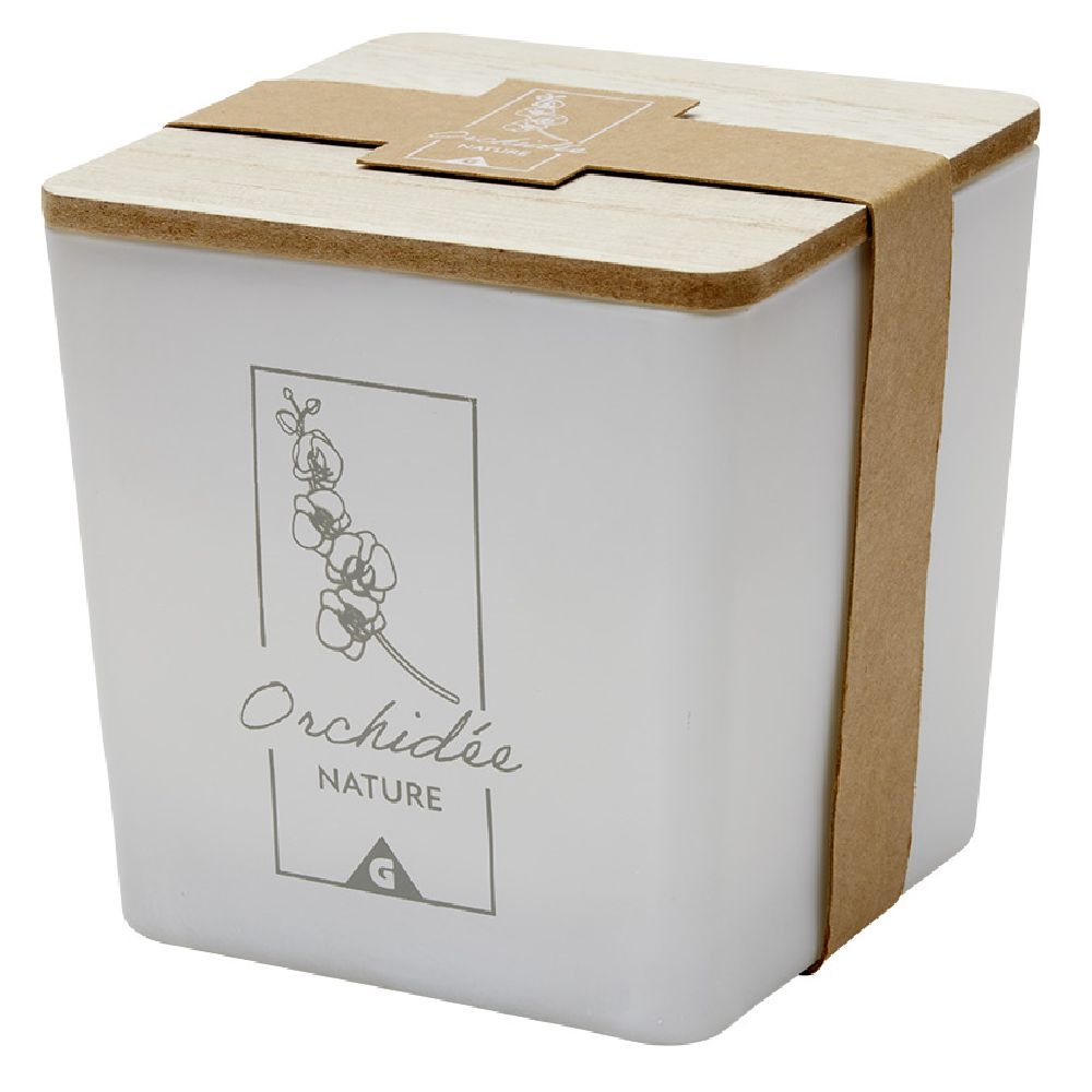 Candle in a square jar with a wooden lid, orchid scent