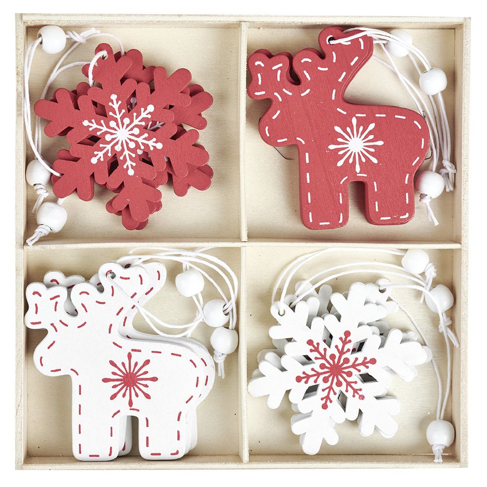 Red and white wooden hanging Christmas decoration x12