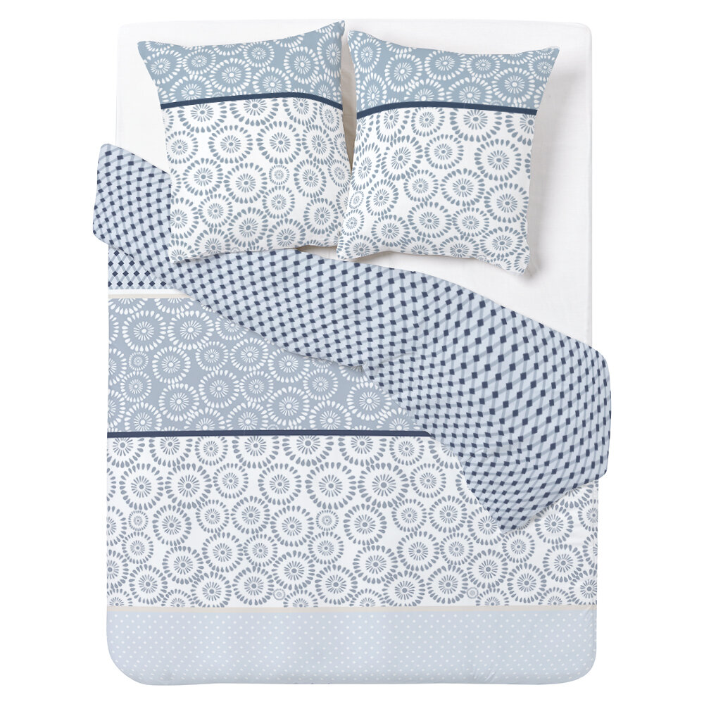 Blue and grey abstract round pattern cotton bedding set 220x240 cm