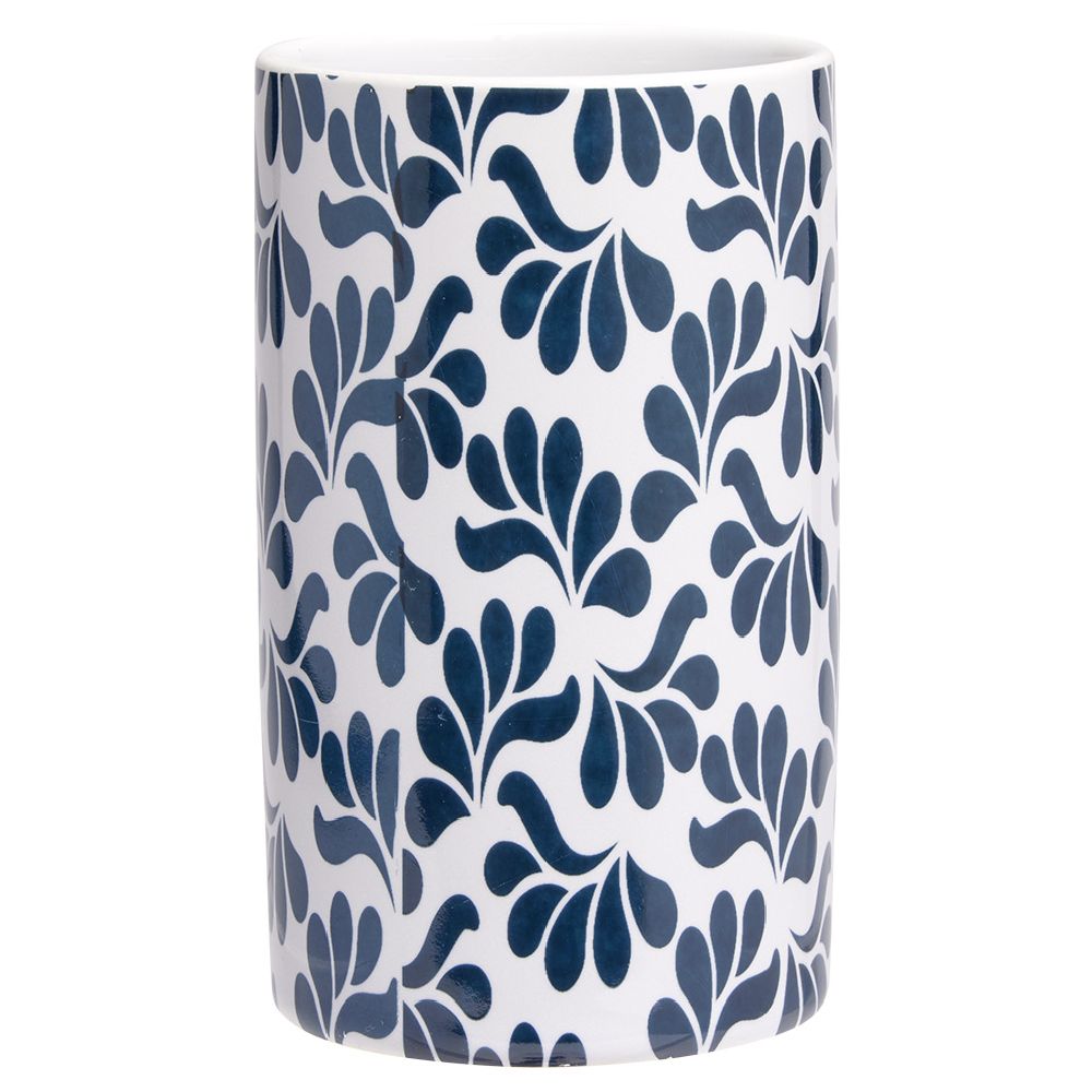 Ceramic cup with white and blue plant motif Ø6xH10.5cm