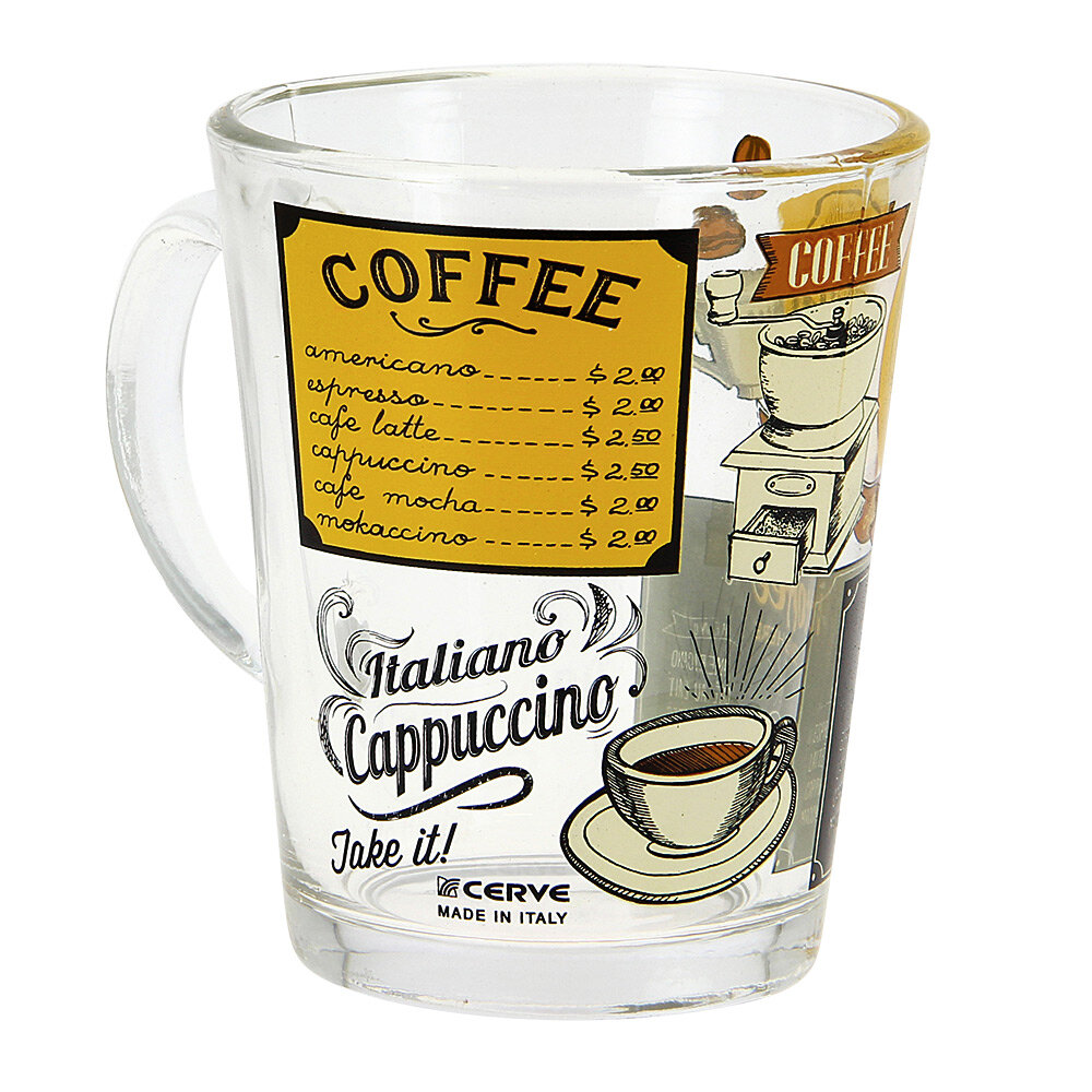 31 cl transparent glass mug with Menu Café motif