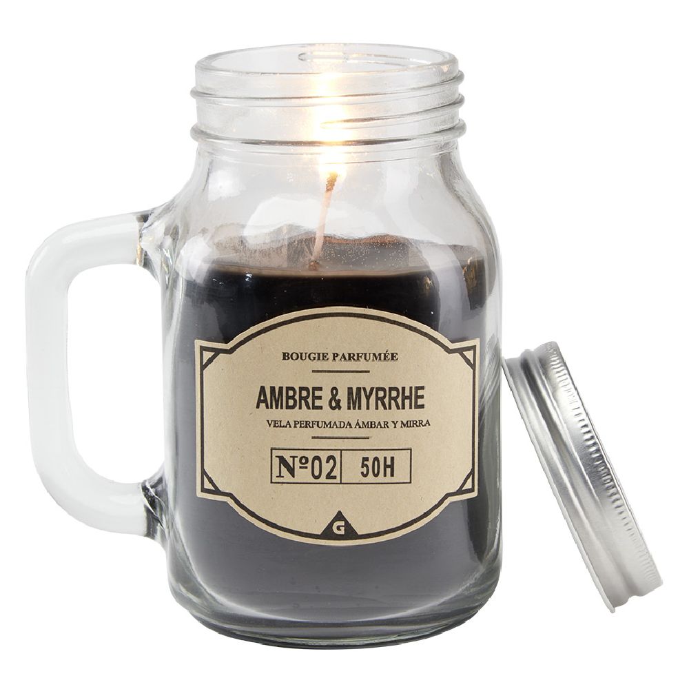 Black candle in glass mug with lid - Amber myrrh scent