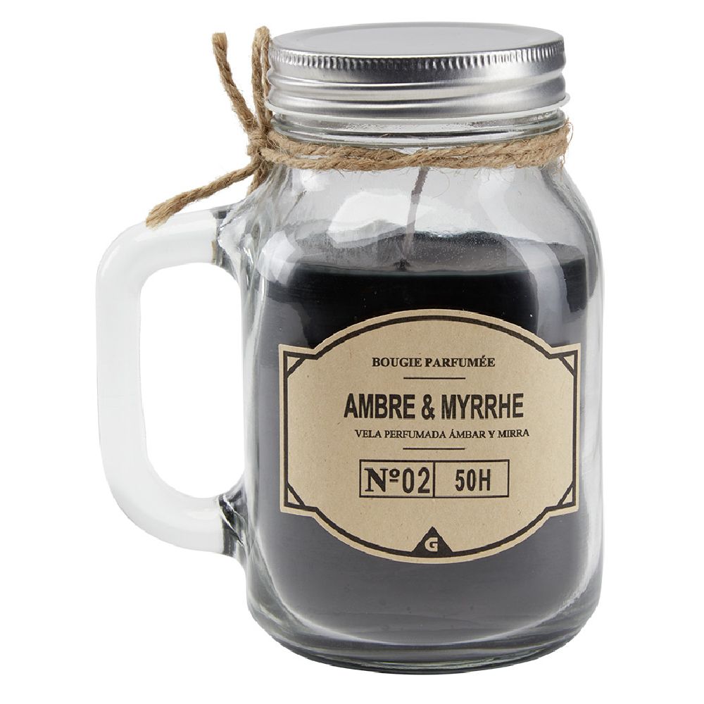 Black candle in glass mug with lid - Amber myrrh scent